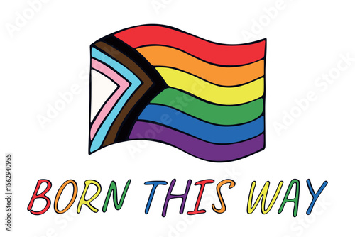 Colorful Lgbtq progress pride flag Happy pride day LGBTQ community Pride Month Vector hand drawn doodle for posters, stickers, logo, cards