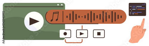 Media player window, audio waveform, playback buttons, and hand interacting with playlist. Ideal for music streaming, audio editing, UI design, multimedia controls, playlists user experience simple