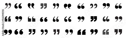 Collection of diverse quotation marks, black symbols on white, mix of solid and calligraphic styles, single and double quotes. Ideal for typography, writing, and language related content 