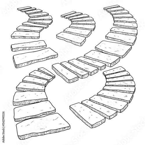 Hand drawn illustration of stone path elements in a decorative ornamental arrangement set
