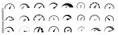 Speedometer speed vector icon set, gauge meter, dashboard elements for automotive, speed measurement. Vector set for car speed, fuel, RPM, tachometer. Black speed dials