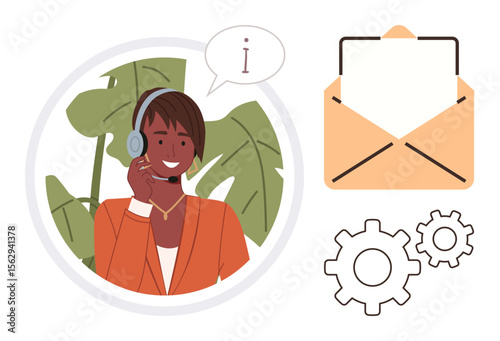 Customer service representative wearing a headset, speech bubble with info sign, envelope, and gears. Ideal for communication, support, technical assistance, email, service management simple flat