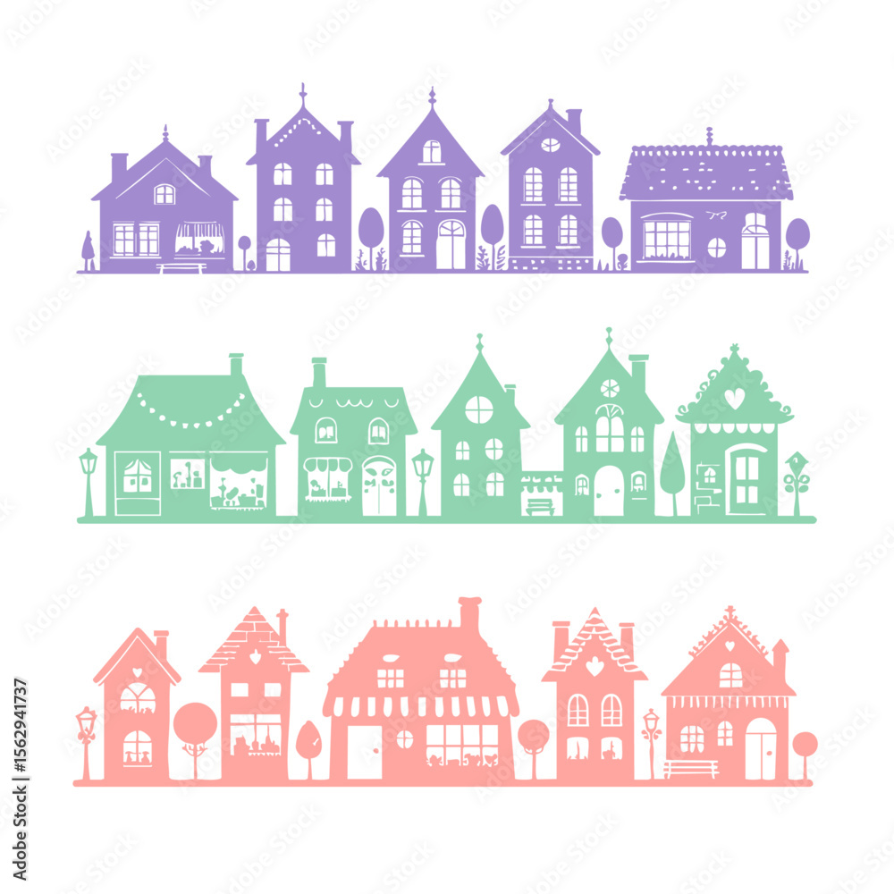 Fototapeta premium キュートな街並みのシルエットイラストセット