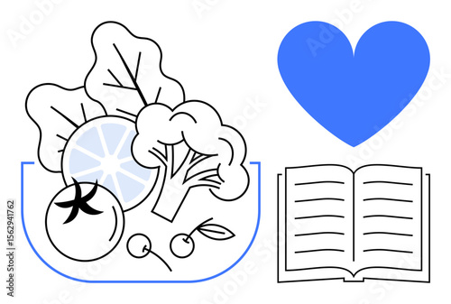 Fresh vegetables including tomato, broccoli, cherries, and citrus alongside an open book and heart. Ideal for health, nutrition, education, learning, wellness food science simple landing page