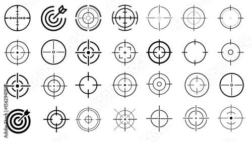 Target and aim icon set, crosshair, bullseyes, aiming marks, and shooting symbols vector design. target icons, crosshairs for shooting range, sniper, and hunting themes, digital art, and UI projects