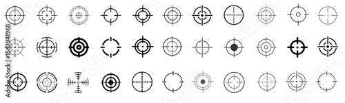 Target and aim icon set, crosshair, bullseyes, aiming marks, and shooting symbols vector design. target icons, crosshairs for shooting range, sniper, and hunting themes, digital art, and UI projects