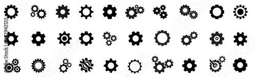 Gear icon vector set, black cogwheel vector collection, mechanical gear shapes, engineering symbols, industrial machinery, sprocket designs, abstract gearwheel graphics