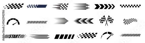racing stripe vector set, racing flags, checkered patterns, speed lines, arrows, and start finish banners illustration, race element for motorsport designs, race graphics, vector art, and automotive