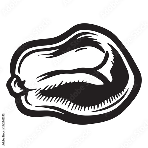 A stylized black and white illustration of a delicious cut of steak isolated