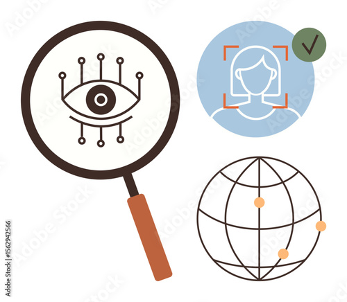 Magnifying glass with digital eye, face recognition profile, global network dots. Ideal for biometrics, security, surveillance, identity verification, AI, worldwide connection simple flat metaphor