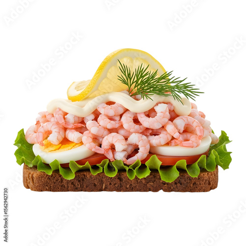 A Swedish Räksmörgås an Open-Faced Sandwich Piled High with Shrimp and Dill on isolated transparent background