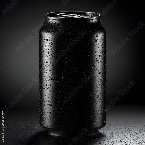 Stock photo of black soda can with water droplets on dark background