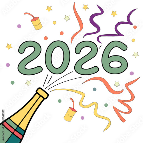 Champagne bottle exploding with colorful confetti and streamers celebrating the new year