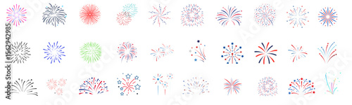Fireworks vector illustration, vibrant colors for festive celebrations. Ideal for New Year Eve, Fourth of July, Diwali, Chinese New Year, Eid al-Fitr, Ramadan, Christmas, Halloween, party, holiday