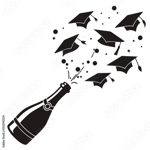 Champagne bottle exploding graduation caps celebration vector