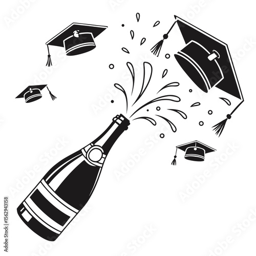 Champagne bottle spraying graduation caps celebration popping
