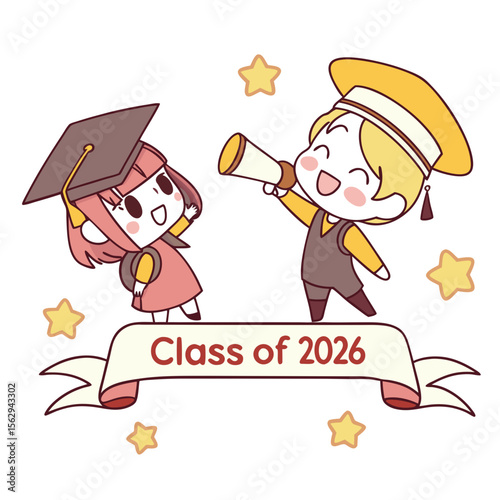 Chibi students celebrating graduation with megaphone and stars celebration