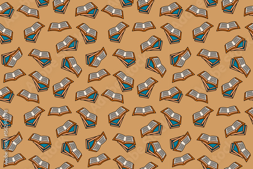 Seamless open book pattern with modern minimal quirky shapes, vibrant color, abstract school background, repetitive paper pages symbol, learning growth and education concept.
