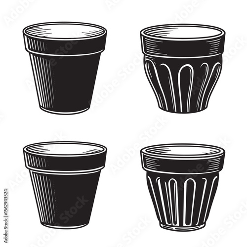 Illustrated set of decorative flower pots and planters in a vintage black and white style