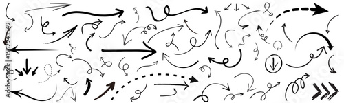 Hand drawn arrow set featuring curved, straight, dotted, and swirled arrows design, arrow vector for creative design, presentations, infographics, and decorative purposes 
