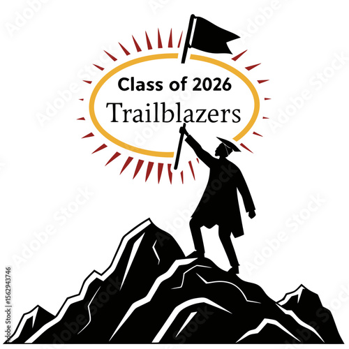 Graduate on mountain peak with flag and sunburst graduation