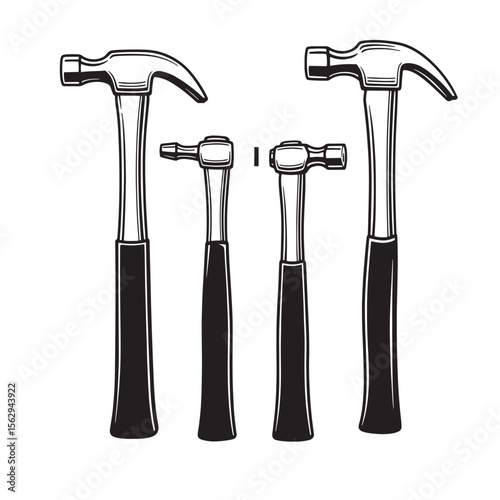 Set of four black and white hammers illustrating construction repair or diy projects