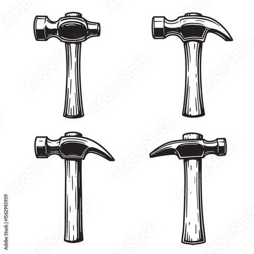 Set of four black and white hammer illustrations with vintage ornament