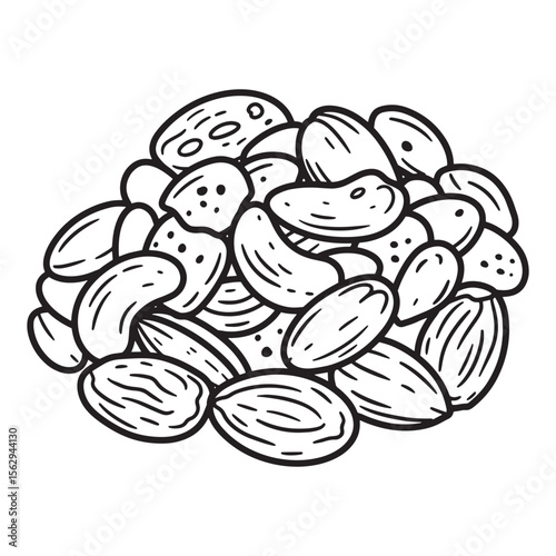 Black and white hand drawn illustration of a pile of various healthy nuts for design