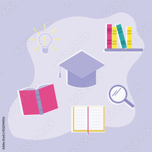 Books a graduation cap a magnifying glass and an idea.