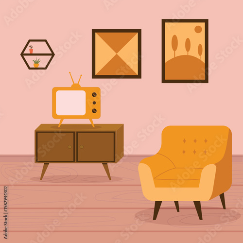 Retro living room with a chair tv and art.