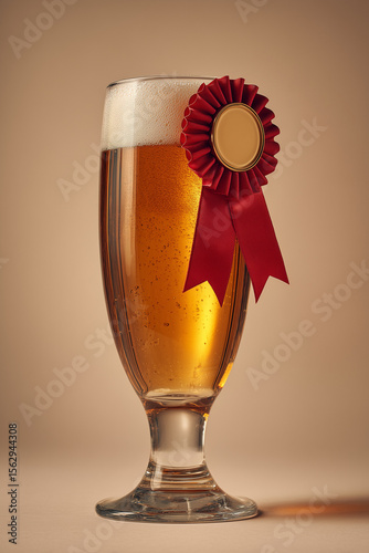 award winning glass of beer with rosette ribbon on front, isolated on plain light color studio background