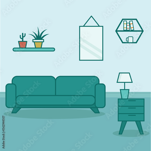 This teal illustration shows a simple living room with a sofa.