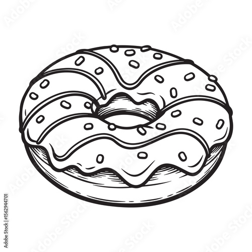 Black and white illustration of a delicious frosted donut with sprinkles and detailed outlines