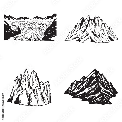 Set of hand drawn mountainous landscape elements in black and white vector art for design
