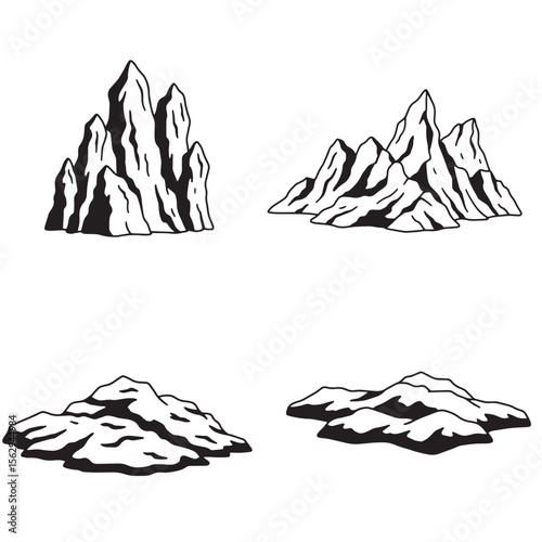 Set of illustrated mountain shapes in black and white suitable for ornament design