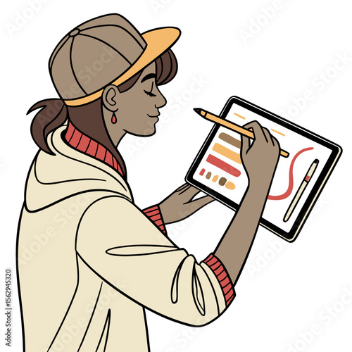 Young woman drawing digitally with stylus on tablet digital art artist