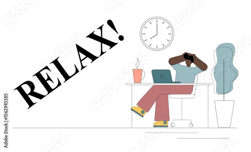 Relax. An offer to rest. A man sits at his desk in a relaxed position.eps