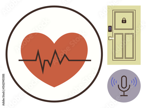 Heartbeat within a heart shape, secured door with lock, voice control icon symbolizing health, security, smart home, fitness, AI, medical innovation, and simple flat metaphor