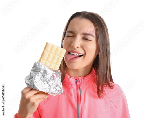 Young woman with white choc...