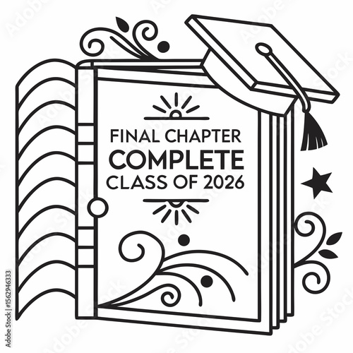 Graduation cap on open book with decorative elements final chapter
