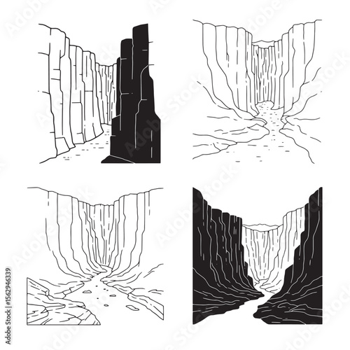 Vector illustration set of stylized canyon landscapes with natural elements