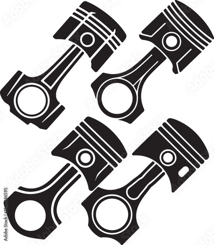 four black engine pistons arranged in a pattern silhouette isolated on transparent background