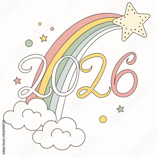 Pastel rainbow with stars and clouds celebrating twenty six vector