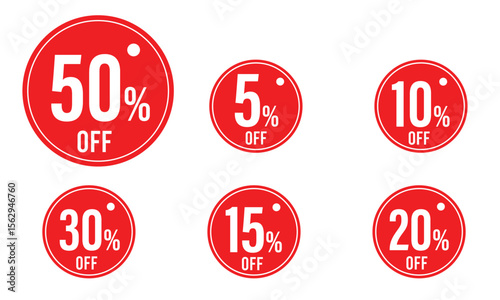Red sale sticker tag, discount sticker set, percent discount label, price off badge, round sale tag, retail discount sticker, promotion banner design
