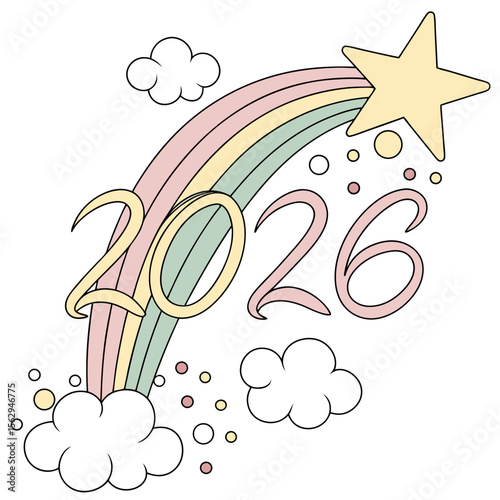 Pastel rainbow shooting star with year twenty six clouds pastel colors