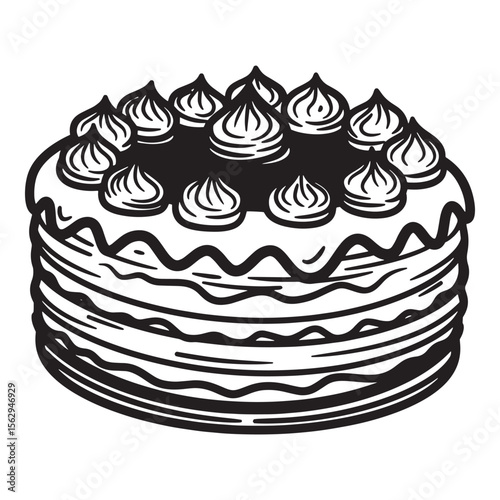 Delicious layered cake decorated with whipped cream and icing illustration in black and white