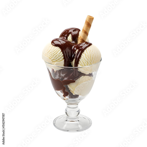 An Elegant Glass of Belgian Dame Blanche Vanilla Ice Cream with a Warm Dark Chocolate Sauce on isolated transparent background