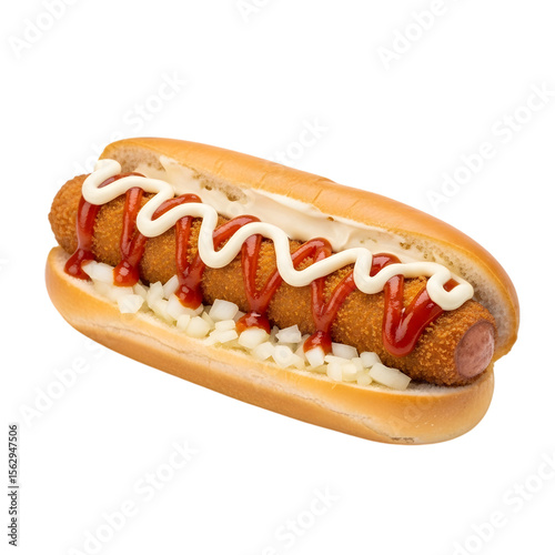 A Dutch Frikandel Speciaal a Fried Sausage in a Bun with Mayonnaise and Curry Ketchup on isolated transparent background