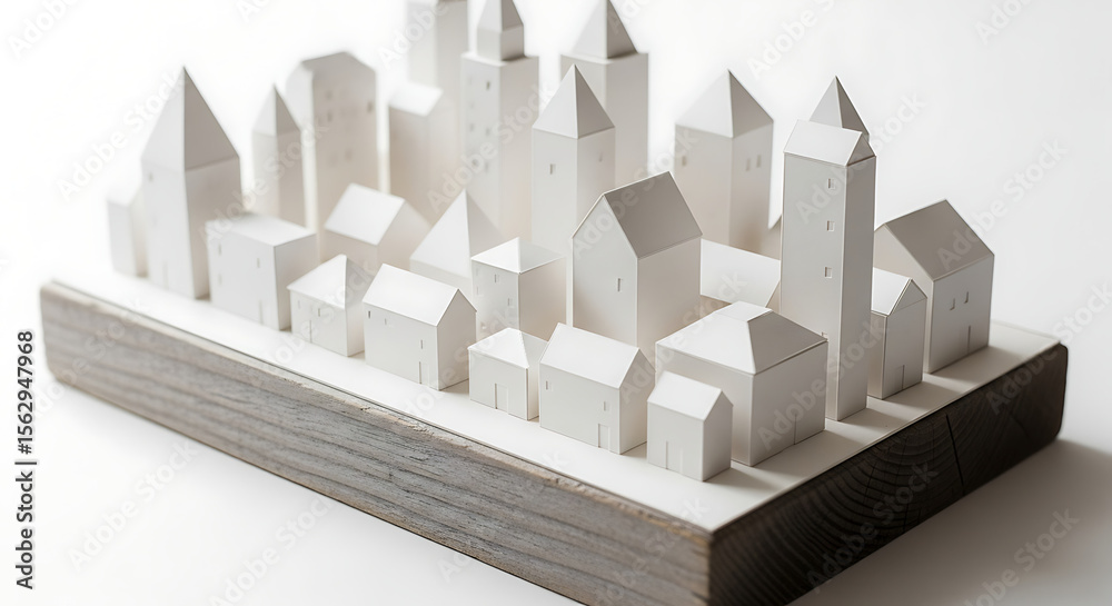 Naklejka premium Minimalist Paper Cityscape Model on Wooden Base