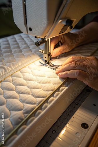 Hands Crafting Mattress Edges with Precision Workshop Close-up Photography Soft Lighting Side View Sewing Concept